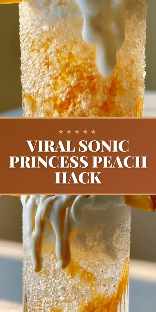 Sonic Princess Peach Drink: The Ultimate Viral Summer Mocktail 3 A viral Sonic Princess Peach drink in a ribbed highball glass with golden peach syrup layers, pebble ice, and a cascading heavy cream cloud garnished with fresh peaches.