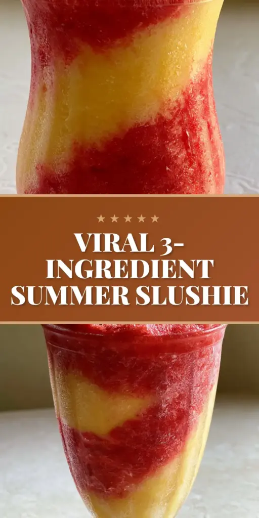 A tall ribbed glass filled with a thick pineapple strawberry slushie showing a marbleized yellow and red swirl and heavy frost.