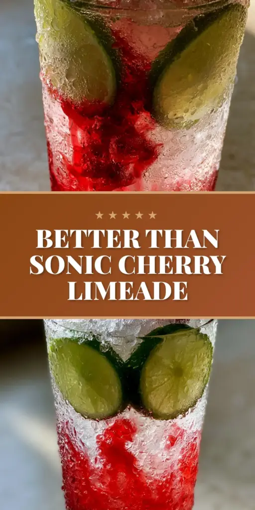 A tall glass of cherry limeade with nugget ice, ruby red syrup, and lime wheels, covered in water droplets. (cherry limeade recipe)