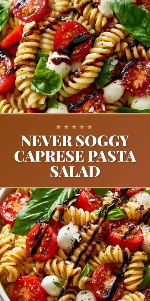 Overhead macro shot of Caprese Pasta Salad with rotini, tomatoes, mozzarella, and a thick balsamic glaze zig-zag.