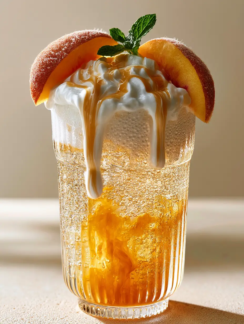 Sonic Princess Peach Drink: The Ultimate Viral Summer Mocktail 4 Close up photo of heavy cream ribbons cascading through a Sonic Princess Peach drink with pebble ice and condensation.
