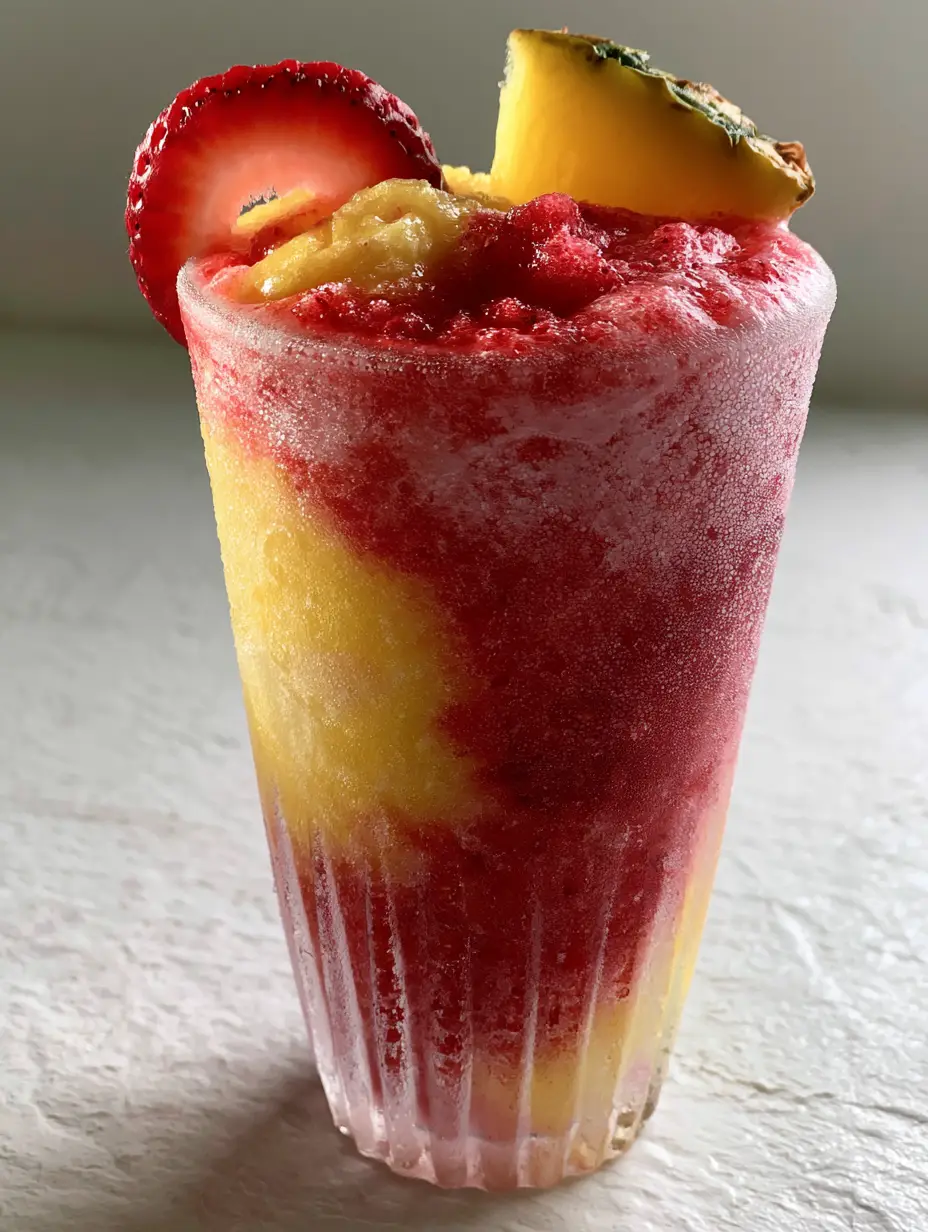 Close up of pineapple strawberry slushies with a dense soft-serve consistency and fresh fruit garnish.