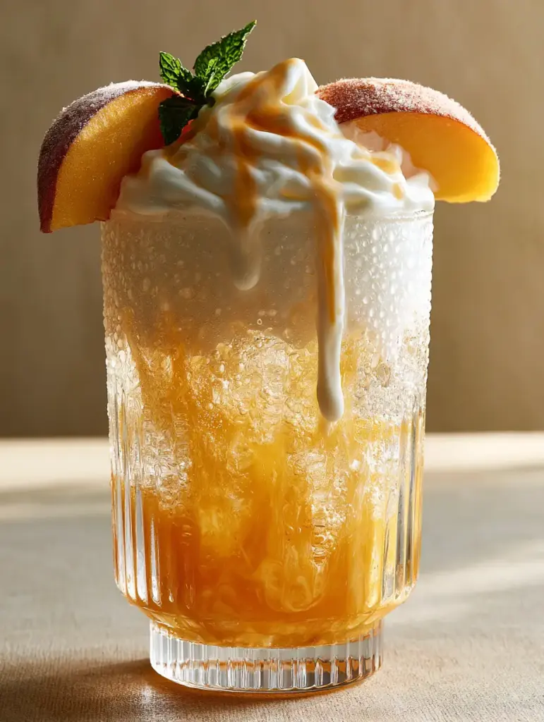 Sonic Princess Peach Drink: The Ultimate Viral Summer Mocktail 1 Extreme close-up of fresh peach wedges and mint garnish on the rim of a sparkling peach soda.