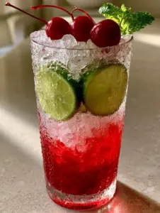 Elegant glass of sparkling cherry limeade with stems on maraschino cherries and fresh mint. (cherry limeade recipe)