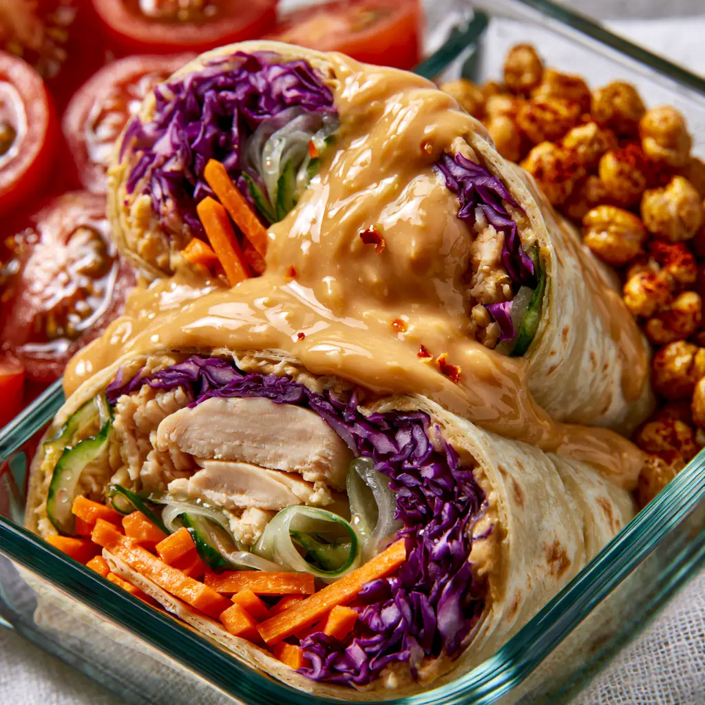 Overhead shot of a glass meal prep container with halved cherry tomatoes and roasted chickpeas, featuring Summer Lunch Meal Prep ingredients.