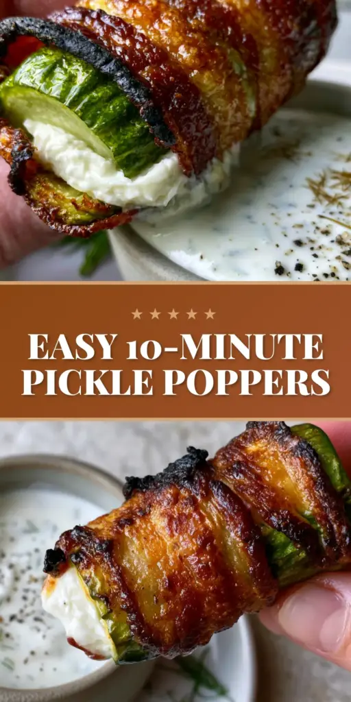 A golden-brown air-fried pickle popper wrapped in crispy charred bacon being dipped into creamy ranch. (pickle poppers)