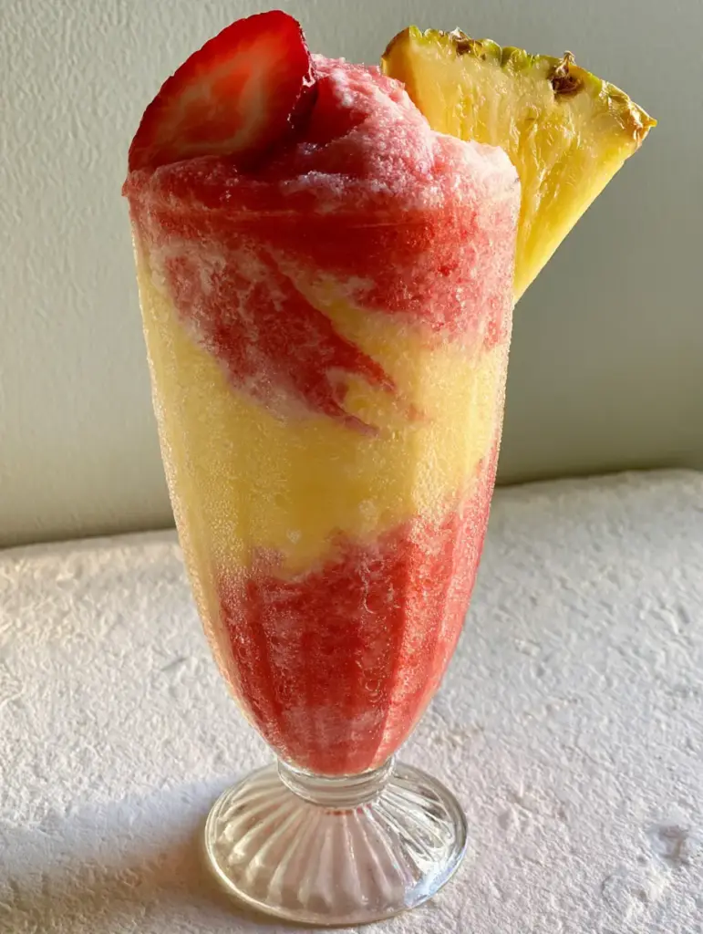 Two pineapple strawberry slushies in ribbed glasses on a minimalist white stone background in natural afternoon light.