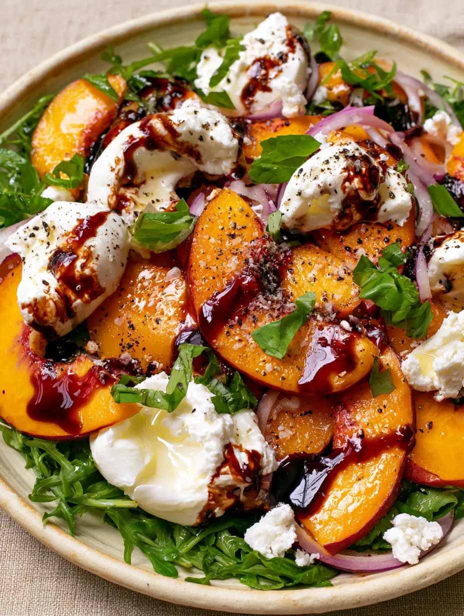 Summer Peach Salad with Creamy Burrata and Tangy Balsamic Glaze 3 A fresh bed of baby arugula topped with thick-sliced orange peaches and torn white burrata cheese. (summer peach salad)
