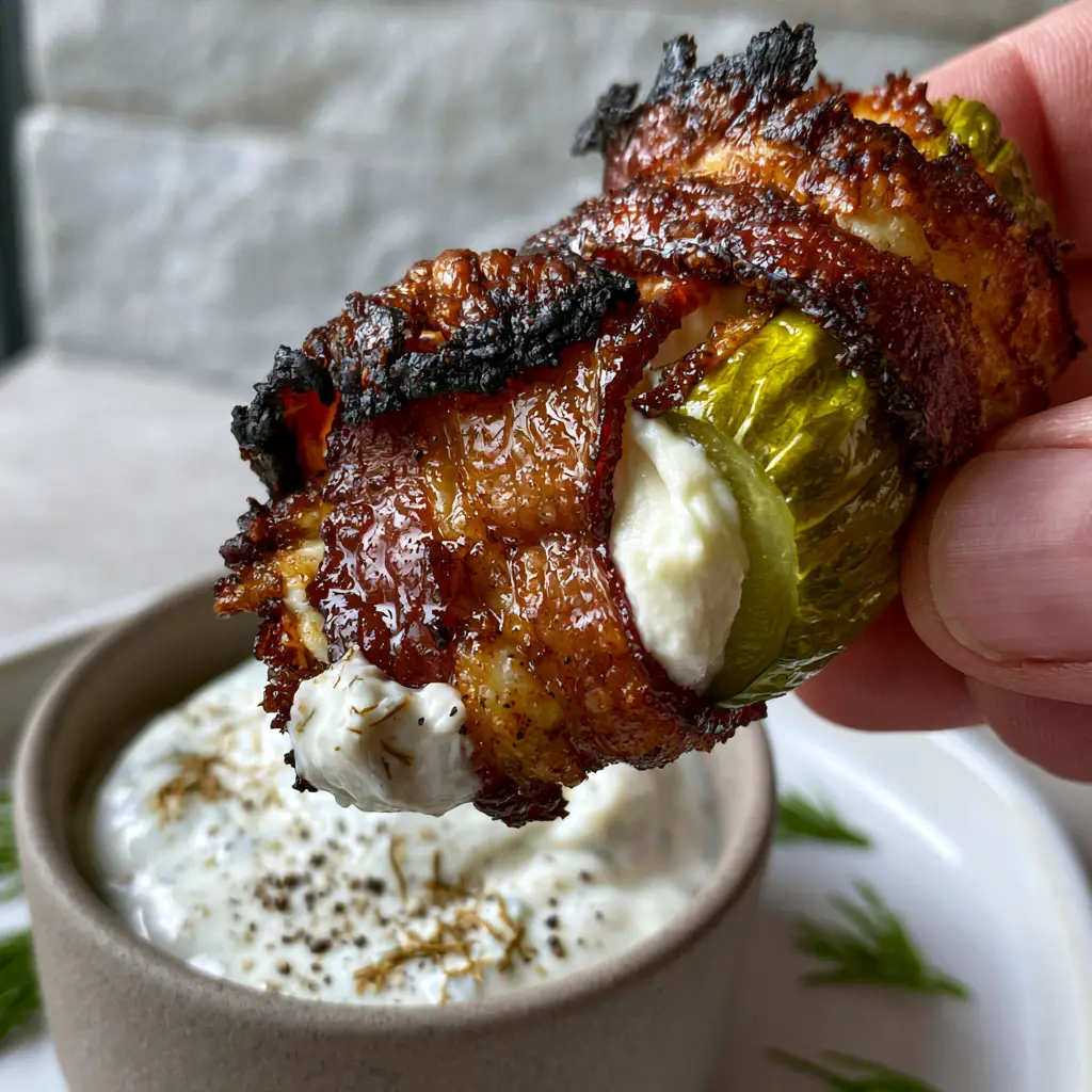 Bacon wrapped pickle poppers served on a white plate with fresh dill sprigs and a side of ranch.