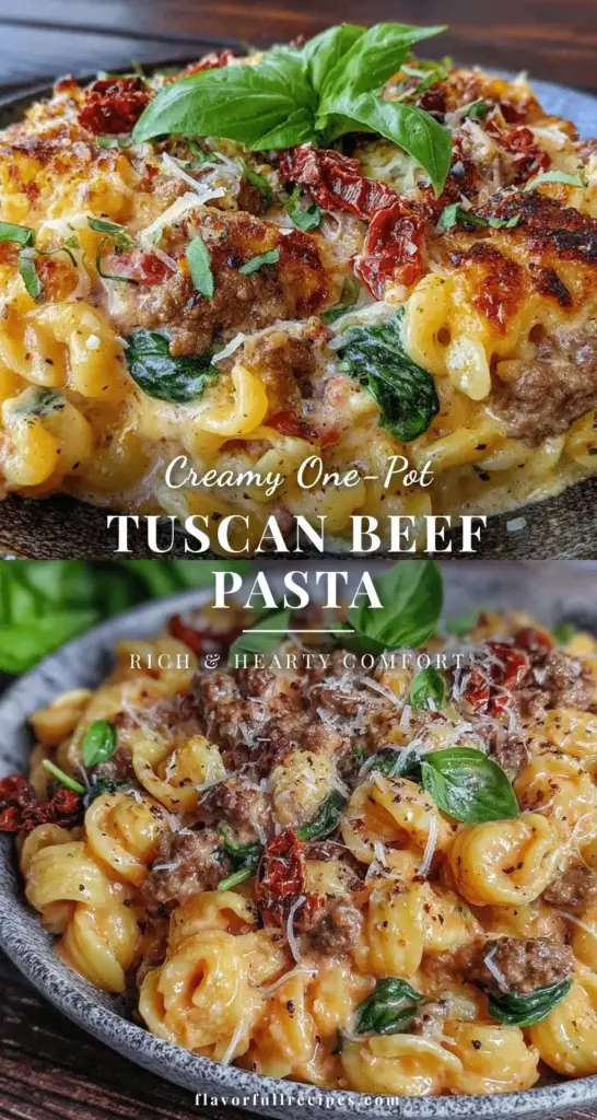 A vertical Pinterest pin showing a close-up of Tuscan Ground Beef Pasta with creamy sauce, spinach, and sun-dried tomatoes in a dark bowl.