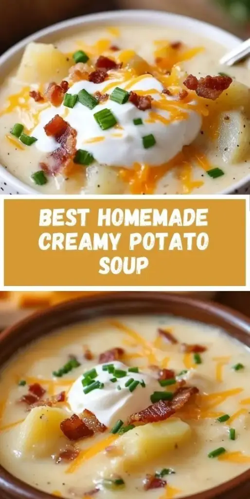 A Pinterest-optimized graphic for Creamy Potato Soup featuring a white bowl with melted cheddar, dark red bacon, and scallions on a dark wood background.