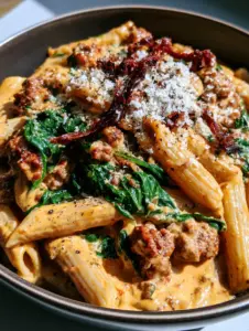 A close-up smartphone photo of creamy Tuscan Ground Beef Pasta with browned beef crumbles and wilted spinach in an orange-tinted sauce.
