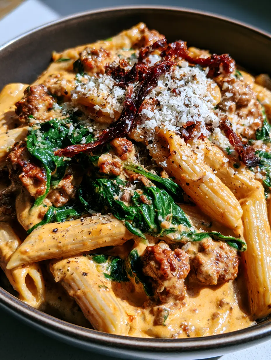 A close-up smartphone photo of creamy Tuscan Ground Beef Pasta with browned beef crumbles and wilted spinach in an orange-tinted sauce.