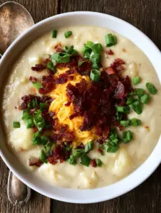 Top-down view of Creamy Potato Soup in a white ceramic bowl with visible potato chunks, a mound of yellow cheddar, and crispy bacon.