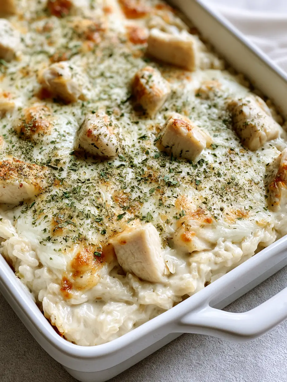 Angel Chicken and Rice Casserole: The Ultimate Creamy Comfort Food 4 Close up of creamy chicken and rice casserole with bubbly cheese and golden patches. (Angel Chicken and Rice Casserole)