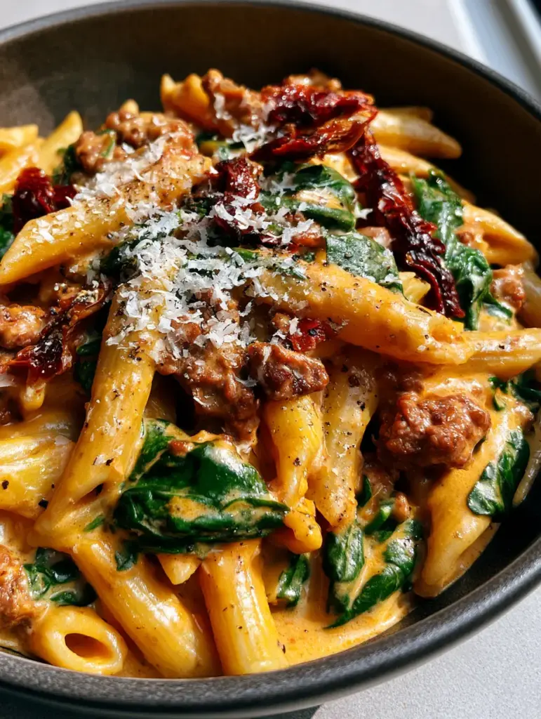 Overhead view of Tuscan Ground Beef Pasta served in a matte ceramic bowl with parmesan cheese and cracked black pepper.