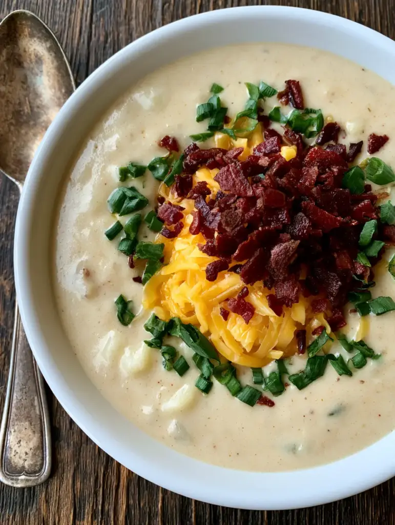Close-up of Creamy Potato Soup garnished with a generous mound of melted sharp yellow cheddar and dark red bacon bits.