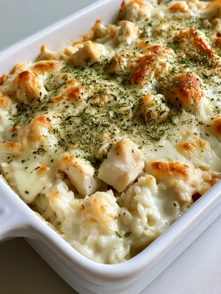 Angel Chicken and Rice Casserole: The Ultimate Creamy Comfort Food 1 Wide shot of the Angel Chicken and Rice Casserole in a white rectangular dish on a grey background.