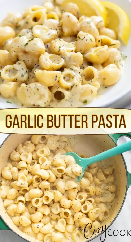 A silver fork twirling a large bundle of glossy fettuccine in a dark grey bowl of Garlic Butter Pasta.