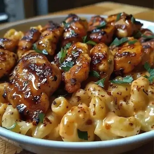 A top-down view of a cast iron skillet containing Honey Pepper Chicken Mac and Cheese with mahogany-glazed chicken and green scallions.