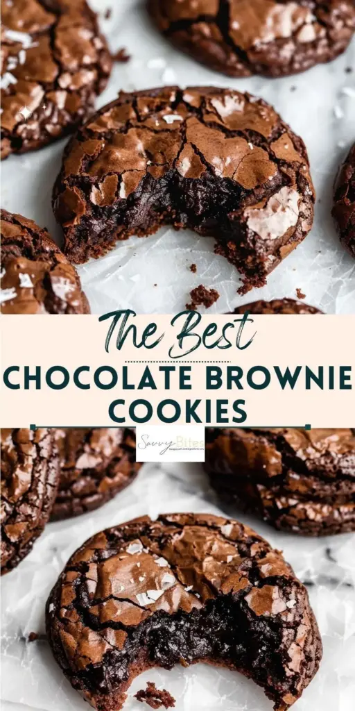 A vertical stack of thick, fudgy Brownie Cookies with a glossy mahogany crinkle top and sea salt flakes.