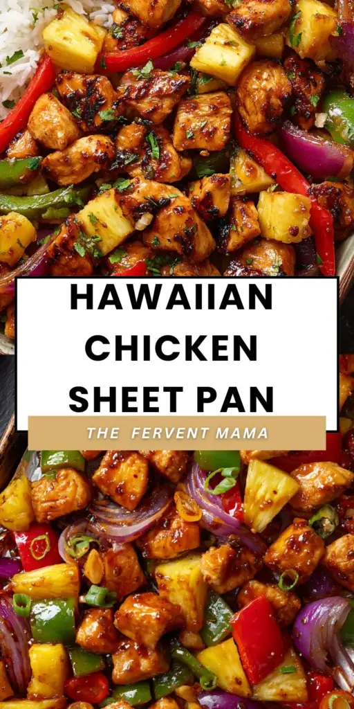 A close-up of Hawaiian Chicken Sheet Pan with glossy teriyaki glaze, golden pineapple, and blistered red and green bell peppers garnished with sesame seeds.