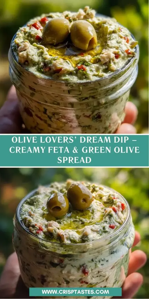Whipped Feta Olive Dip with Pimento Olives and Roasted Peppers 4 A close-up vertical shot of a Whipped Feta Olive Dip in a glass jar, topped with a pool of olive oil, pimento olives, and red peppers.