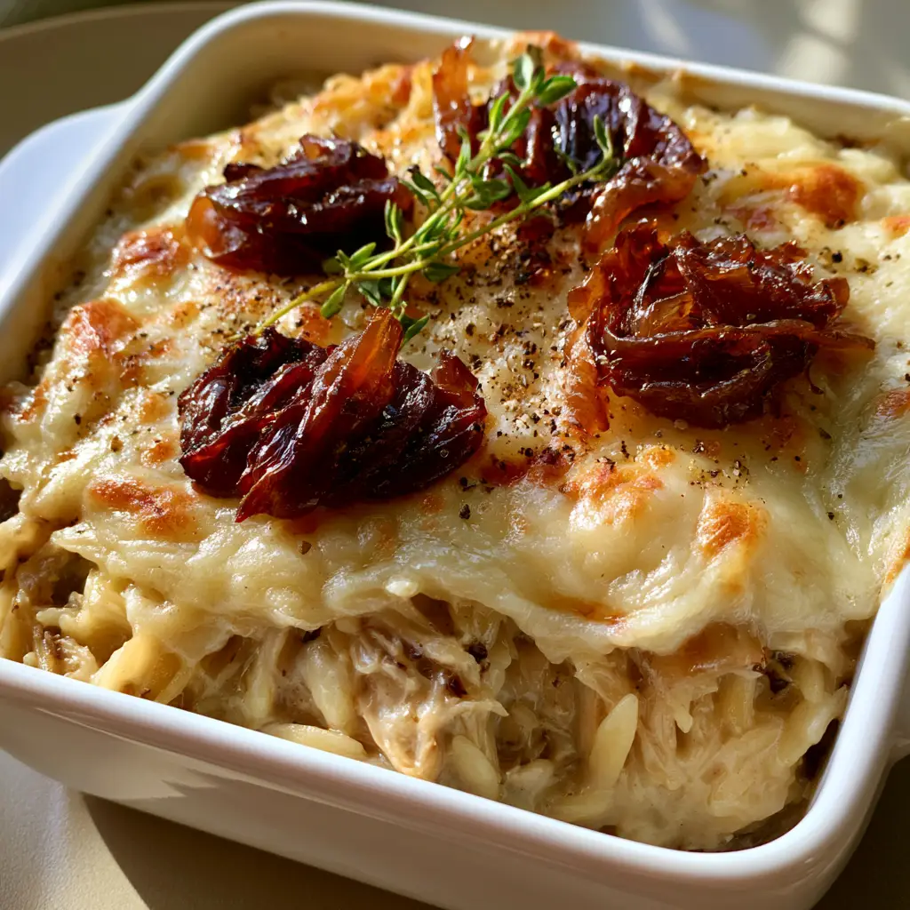 French Onion Chicken Orzo Casserole: The Ultimate Comfort Bake 2 Handheld photo of French Onion Chicken Orzo Casserole in a white baking dish with bubbly cheese.