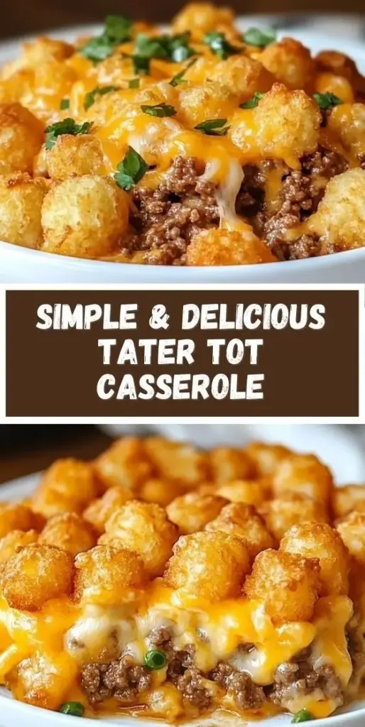 Tater Tot Casserole: The Ultimate Crispy Comfort Food Guide 4 A top-down view of a Tater Tot Casserole in a white dish with parallel rows of golden-brown tots, bubbling cheddar cheese, and green scallions.