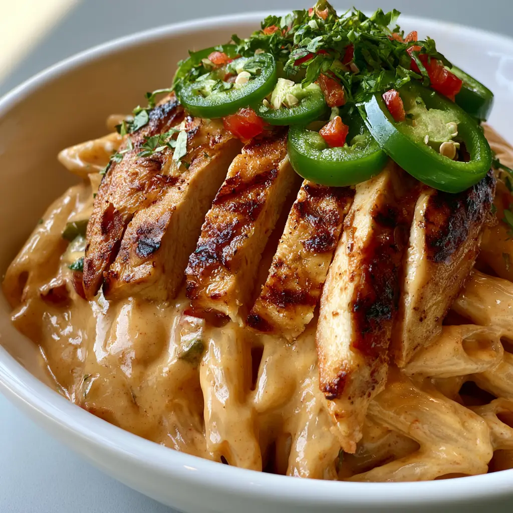 Rattlesnake Pasta Recipe: The Ultimate Creamy Chicken Penne with a Kick 2 Handheld photo of penne in a thick pale orange cheese sauce with diagonal seared chicken slices. (Rattlesnake Pasta Recipe)