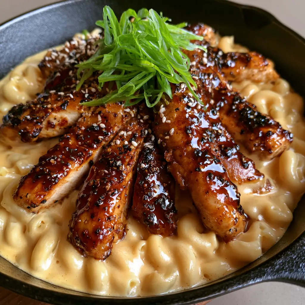 A handheld photo of a black cast iron skillet filled with golden-yellow mac and cheese and charred honey pepper chicken strips.