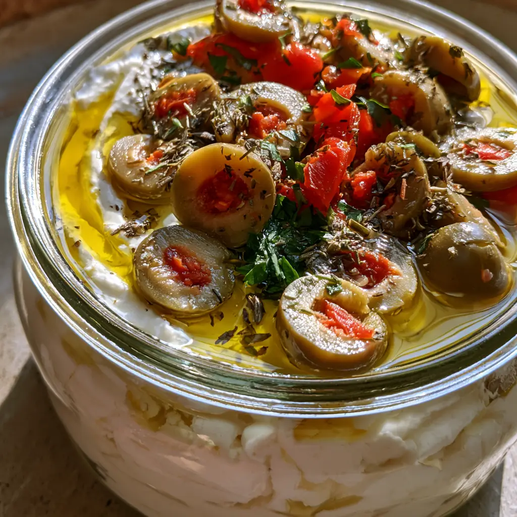 Whipped Feta Olive Dip with Pimento Olives and Roasted Peppers 2 A smartphone photo showing a thick creamy white whipped feta dip in a clear jar with glossy olive oil and pimento olives on top.