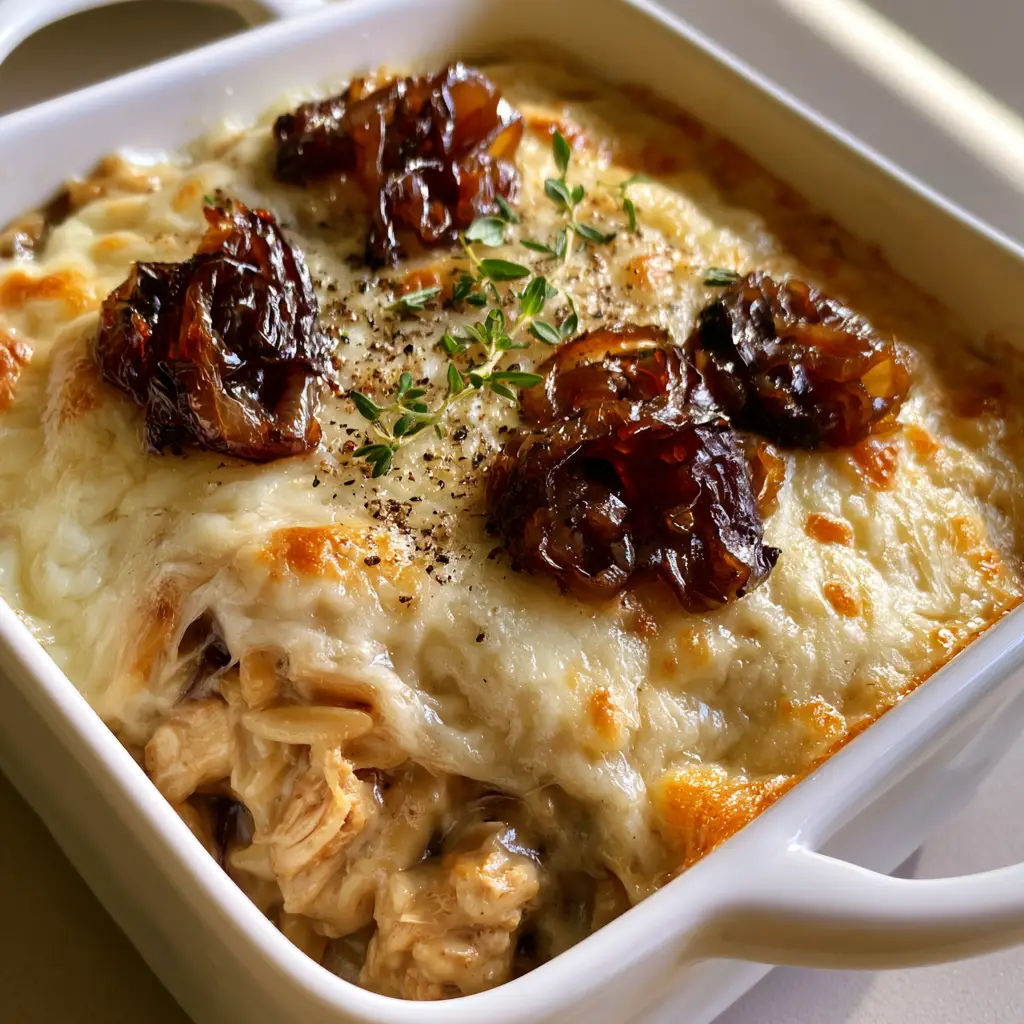 French Onion Chicken Orzo Casserole: The Ultimate Comfort Bake 1 Close up of jammy caramelized onions on top of a French Onion Chicken Orzo Casserole.