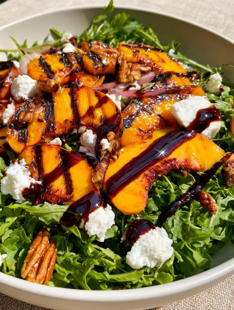 Extreme close-up of thick mahogany balsamic glaze drizzled over grilled peaches and toasted pecans in a Peach Arugula Salad.