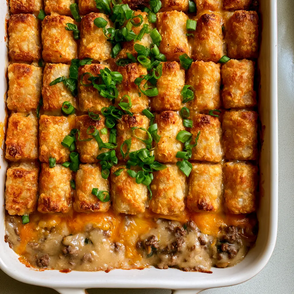 Tater Tot Casserole: The Ultimate Crispy Comfort Food Guide 2 Close-up of Tater Tot Casserole showing the thick creamy mushroom sauce, melted orange cheddar, and toasted potato edges.