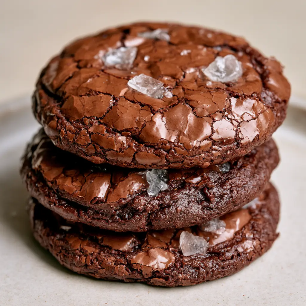 Direct overhead shot of Brownie Cookies garnished with large translucent flakes of sea salt on a neutral surface.