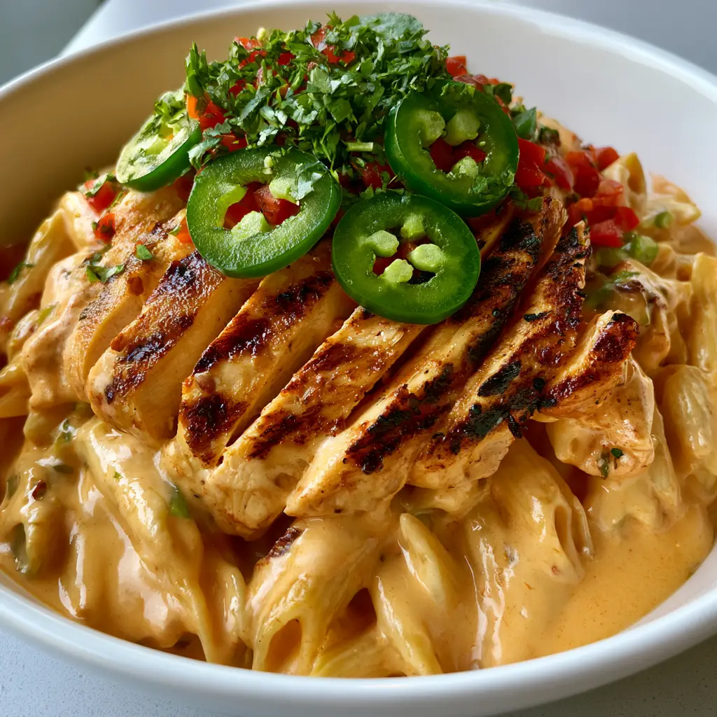 Rattlesnake Pasta Recipe: The Ultimate Creamy Chicken Penne with a Kick 1 Close-up of golden-brown grilled chicken and bright green jalapenos on a bed of spicy pasta.