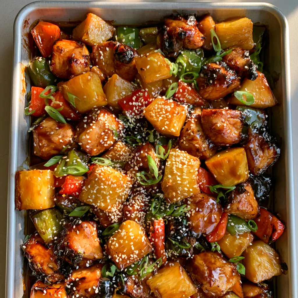 Close-up of bite-sized chicken pieces in a thick amber glaze with sesame seeds and green scallions. (Hawaiian Chicken Sheet Pan)