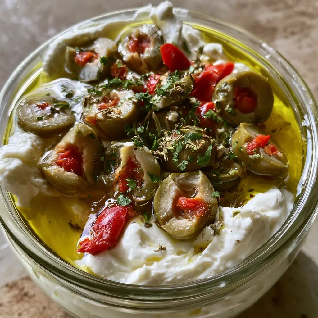 Whipped Feta Olive Dip with Pimento Olives and Roasted Peppers 1 Top-down view of Whipped Feta Olive Dip showing the generous layer of golden oil, red peppers, and sliced green olives.