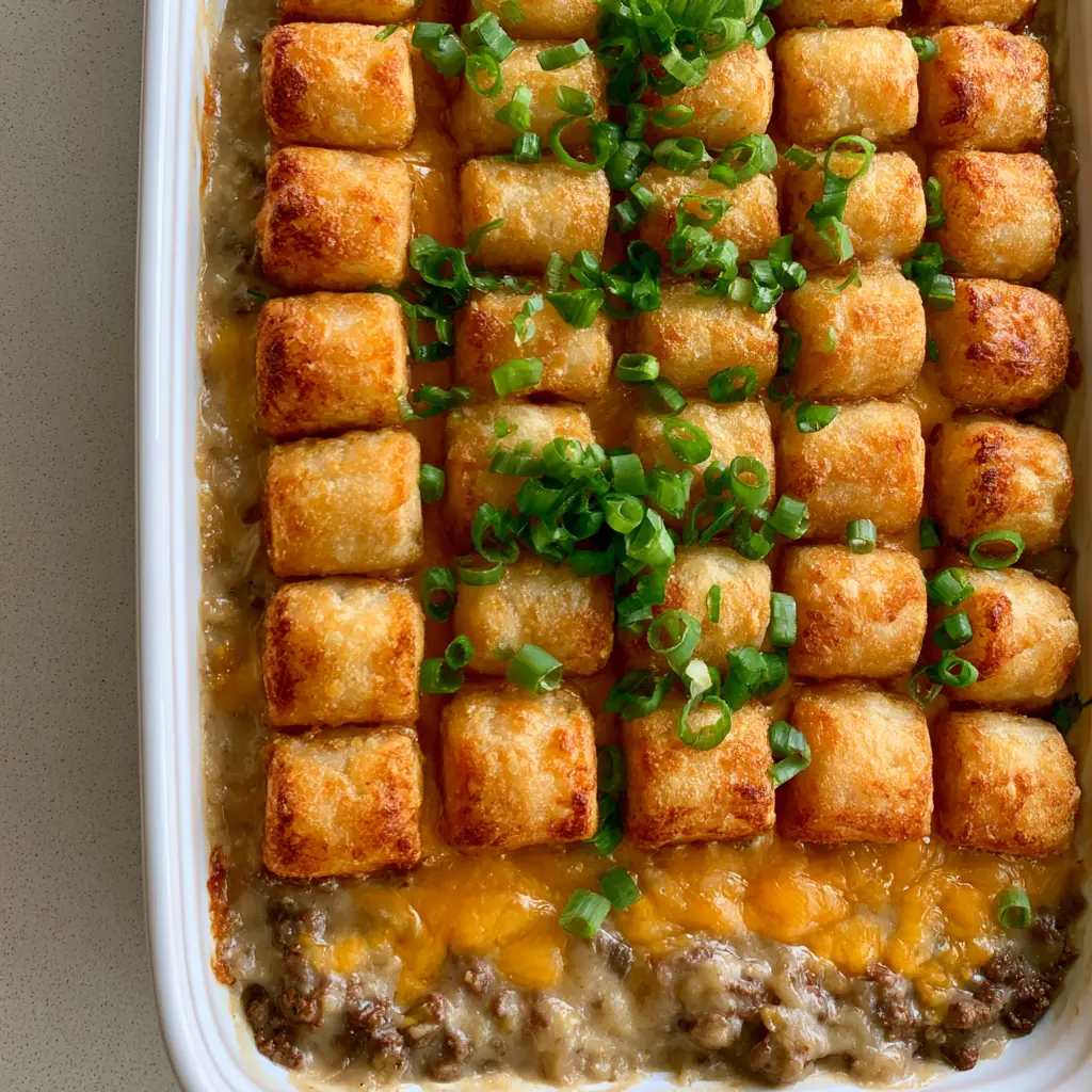 Tater Tot Casserole: The Ultimate Crispy Comfort Food Guide 1 Tater Tot Casserole in a white ceramic dish featuring neat parallel rows of tots and fresh green scallion garnish.