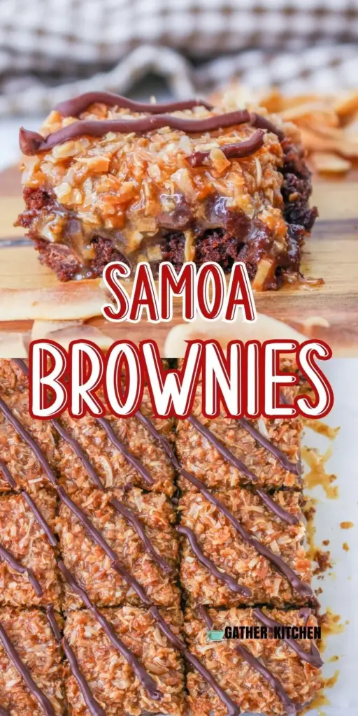 Samoa Box Mix Brownies: The Ultimate Fudgy Girl Scout Cookie Hack 4 A tall stack of Samoa Box Mix Brownies on a white plate featuring golden toasted coconut and chocolate drizzle.