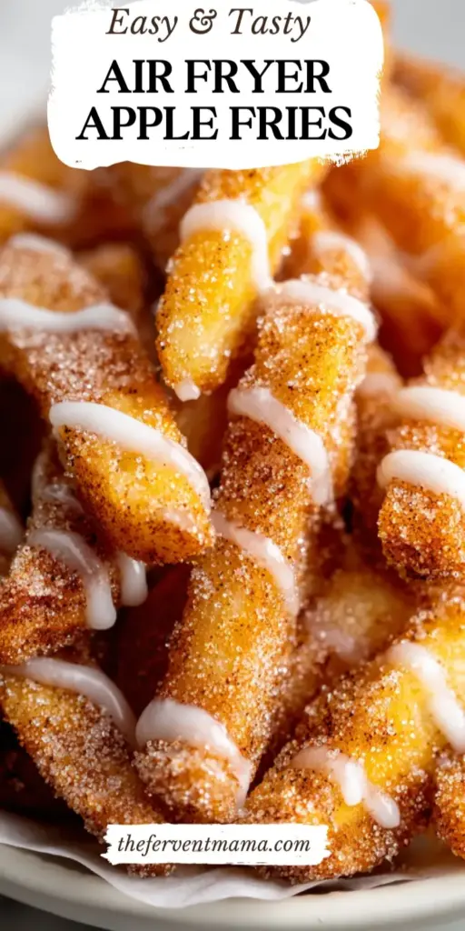 Air Fryer Apple Fries with Cinnamon Sugar and Caramel 4 A vertical Pinterest pin showing crispy Air Fryer Apple Fries in a wire basket with caramel sauce and text overlay.