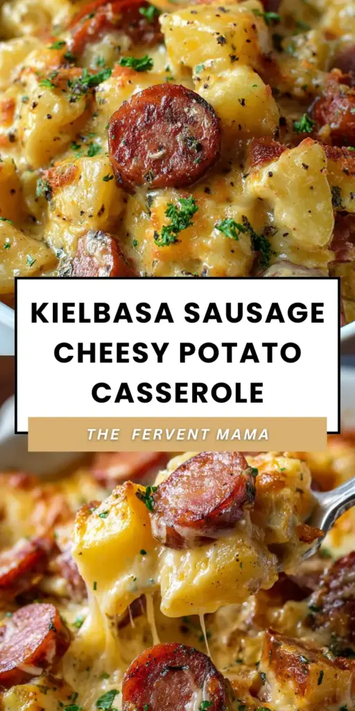 Cheesy Kielbasa and Potato Casserole with Smokey Cheddar Sauce 4 A close-up shot of Cheesy Kielbasa and Potato Casserole in a white dish with bubbling orange cheese and charred sausage slices.