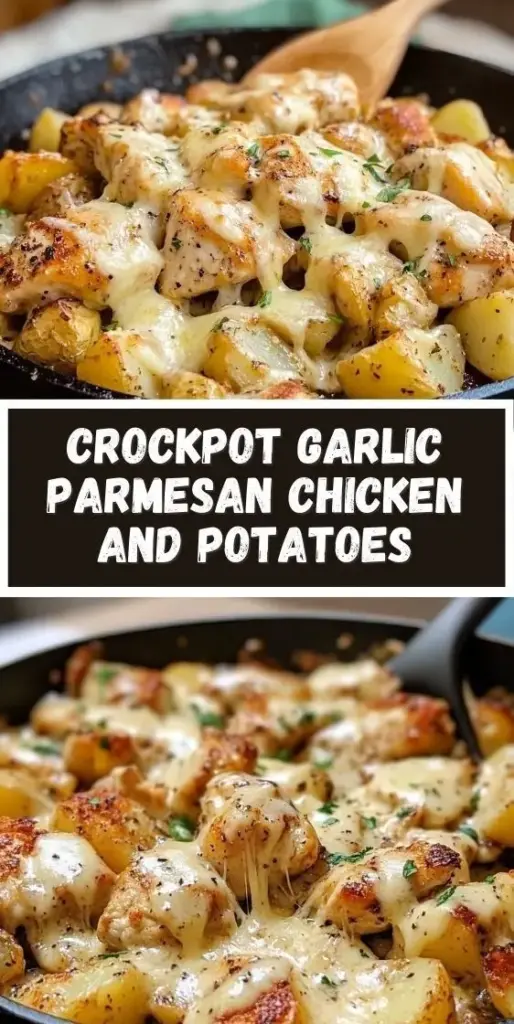 Crockpot Garlic Parmesan Chicken with Crispy Gold Potatoes 4 Vertical Pinterest pin showing a skillet of Crockpot Garlic Parmesan Chicken and Potatoes with melted cheese and parsley.