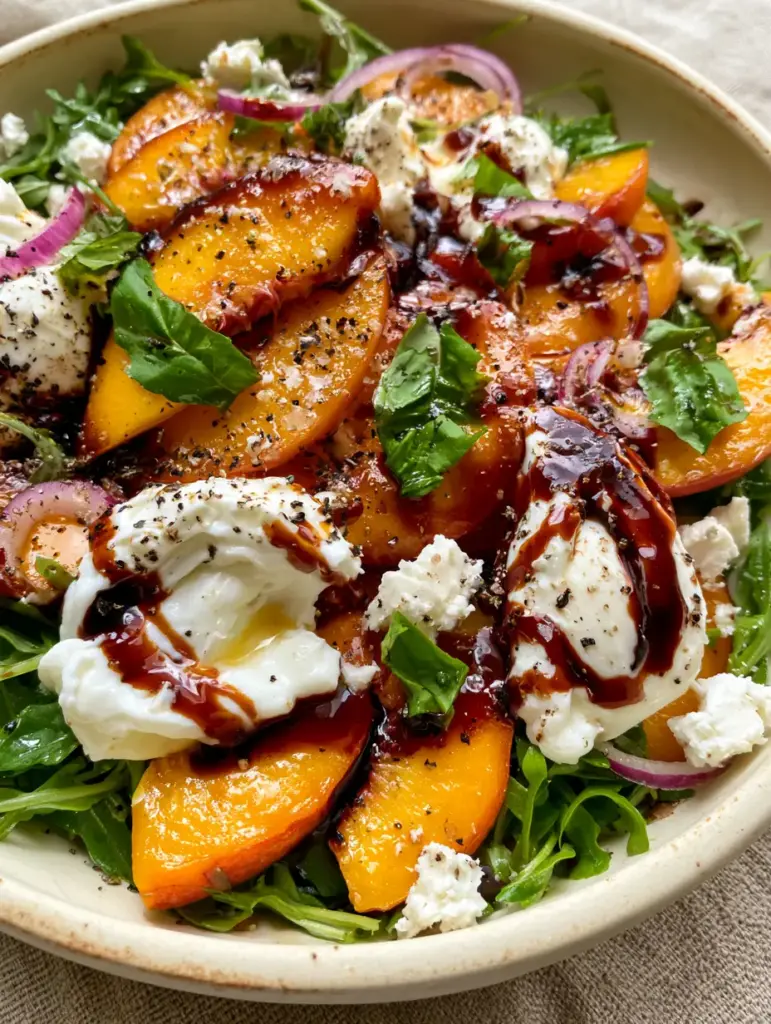 Summer Peach Salad with Creamy Burrata and Tangy Balsamic Glaze 1 Viscous balsamic glaze being drizzled over a summer peach salad with red onion and basil garnishes.