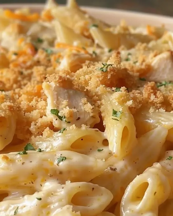 Cheesy Chicken Pasta Casserole: The Ultimate Creamy Comfort Food 4 Vertical Pinterest Pin showing a Cheesy Chicken Pasta Casserole in a white dish with bubbly toasted mozzarella cheese and parsley.