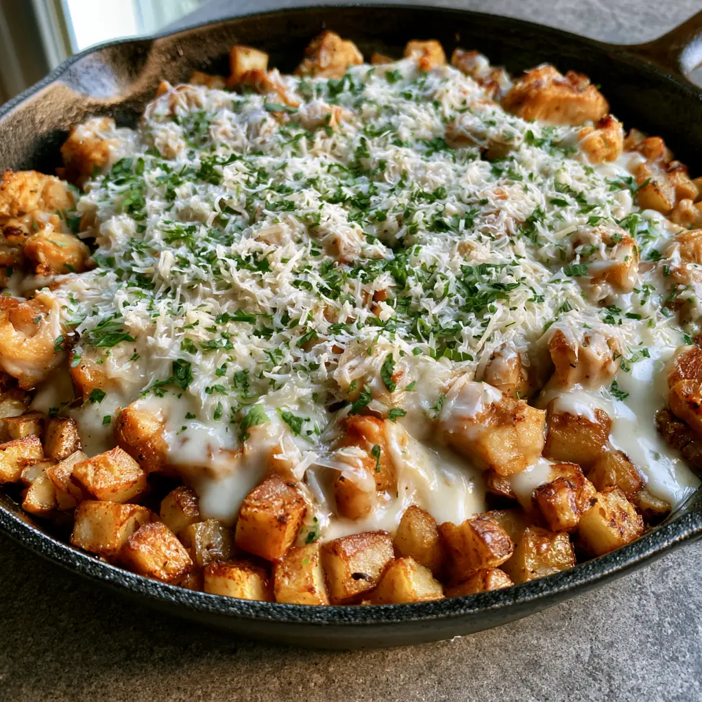 Crockpot Garlic Parmesan Chicken with Crispy Gold Potatoes 2 A handheld smartphone photo of Crockpot Garlic Parmesan Chicken and crispy potatoes in a cast-iron skillet on a stone countertop.