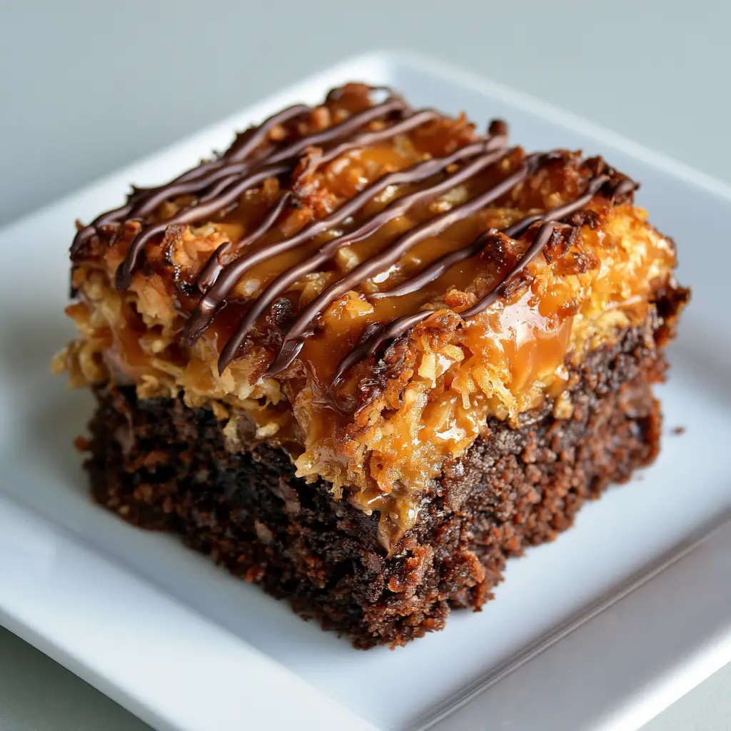 Samoa Box Mix Brownies: The Ultimate Fudgy Girl Scout Cookie Hack 2 Close-up handheld photo of Samoa Box Mix Brownies showing the moist tight crumb and amber caramel saturation.