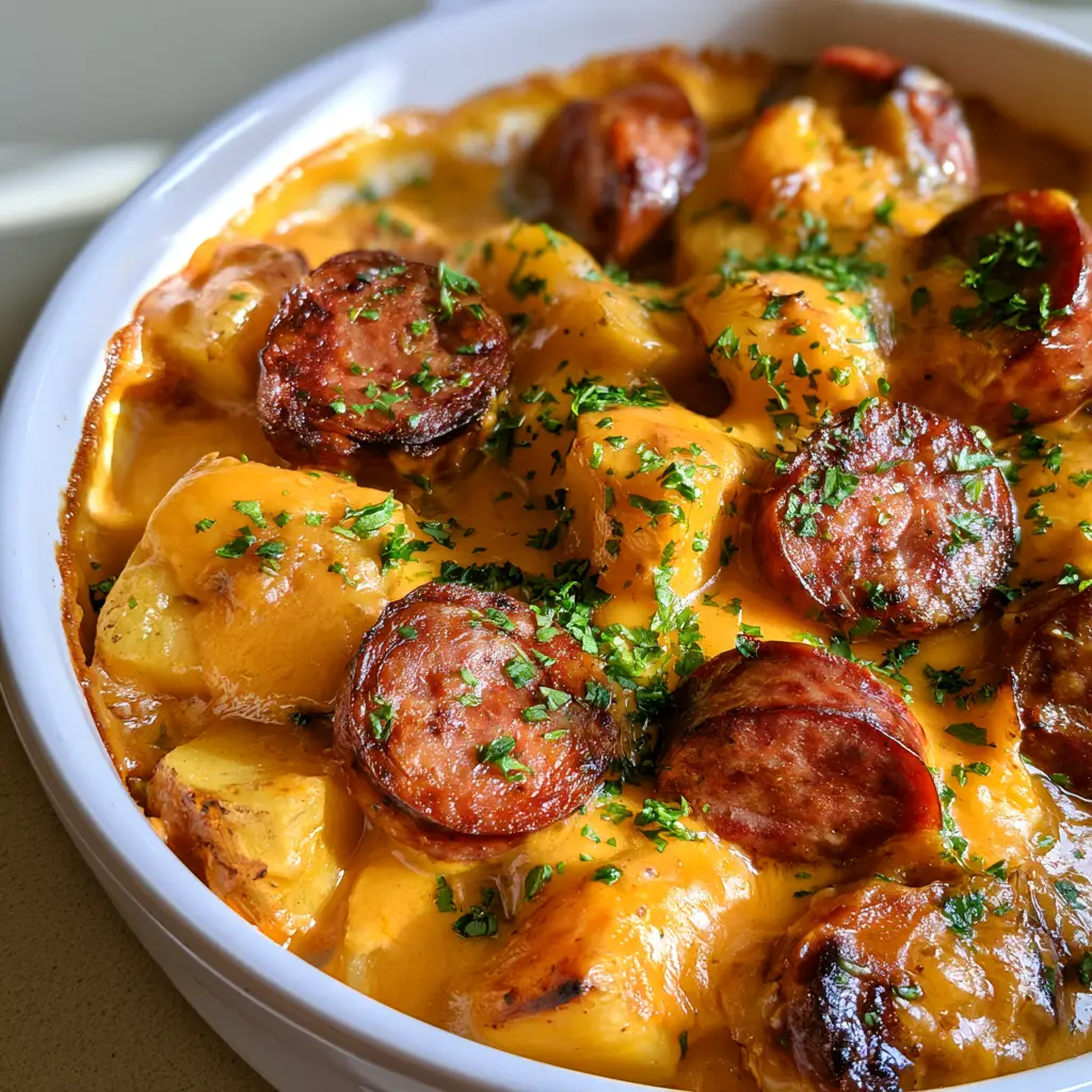 Cheesy Kielbasa and Potato Casserole with Smokey Cheddar Sauce 2 Top-down view of Cheesy Kielbasa and Potato Casserole showing bubbling cheddar and fresh parsley flakes.