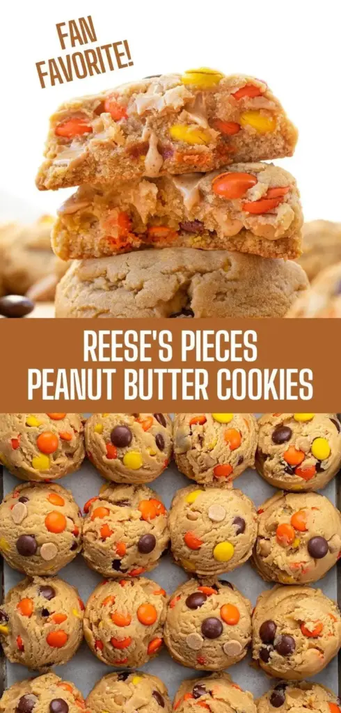 Reese's Pieces Peanut Butter Cookies: The Ultimate Soft and Gooey Recipe 3 A vertical stack of Reese's Pieces Peanut Butter Cookies featuring bright orange and yellow candy shells and a soft-baked texture.